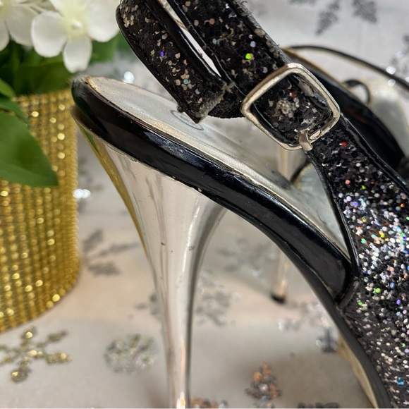 Deb Glitter Black & Silver Peep Toe Platform Heels Ankle Strap Sandals Sz 8 - Picture 10 of 14